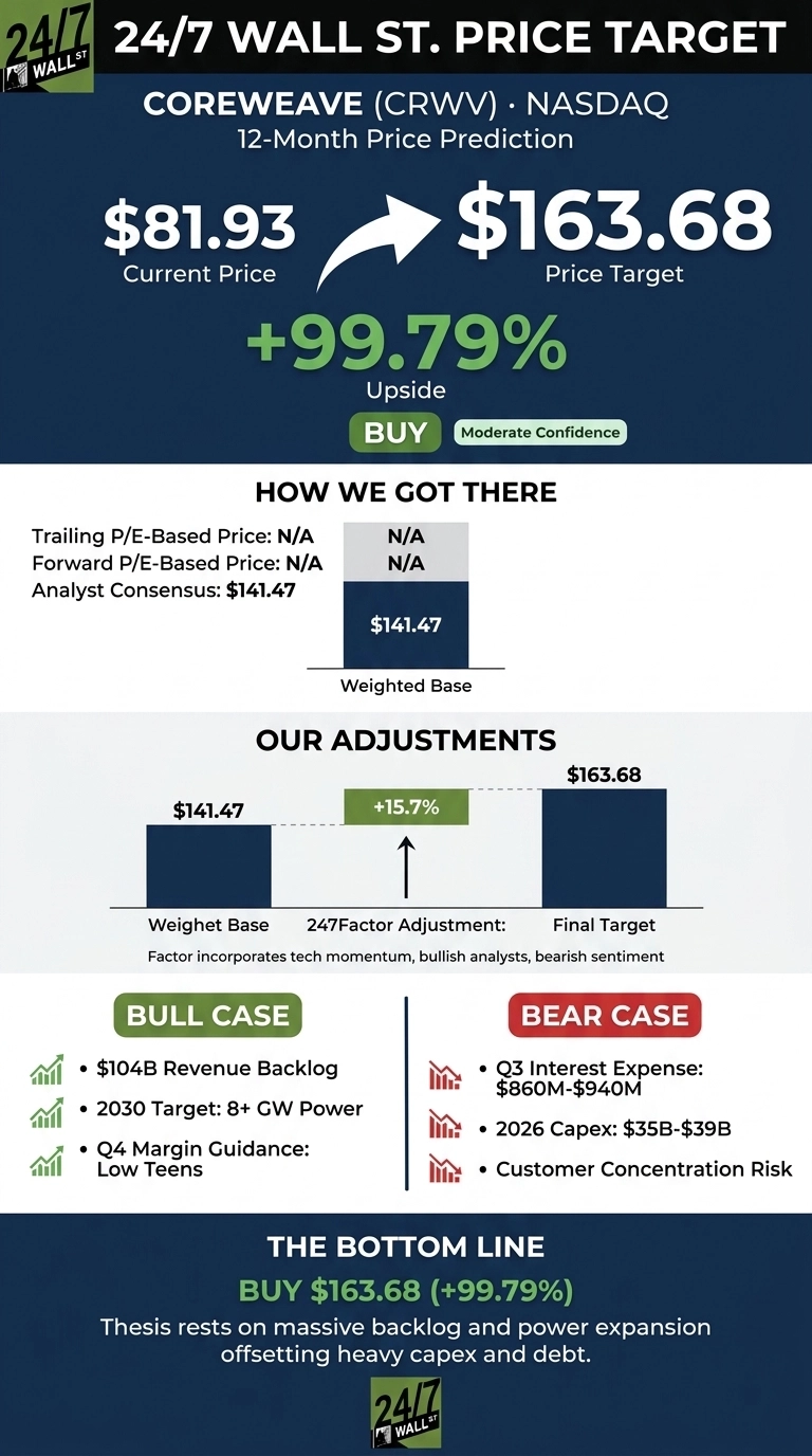 An infographic titled '24/7 Wall St. Price Target for CoreWeave (CRWV) NASDAQ 12-Month Price Prediction'. It displays a 'Current Price' of $81.93, with an arrow pointing to a 'Price Target' of $163.68, indicating an '+99.79% Upside'. A 'BUY' rating with 'Moderate Confidence' is shown. The section 'HOW WE GOT THERE' indicates a 'Weighted Base' of $141.47, derived from 'Analyst Consensus'. The 'OUR ADJUSTMENTS' section illustrates that this 'Weighted Base' of $141.47 is adjusted by '+15.7%' (247Factor Adjustment) to reach the 'Final Target' of $163.68. The factor incorporates tech momentum, bullish analysts, and bearish sentiment. The 'BULL CASE' lists: '$104B Revenue Backlog', '2030 Target: 8+ GW Power', and 'Q4 Margin Guidance: Low Teens'. The 'BEAR CASE' lists: 'Q3 Interest Expense: $860M-$940M', '2026 Capex: $35B-$39B', and 'Customer Concentration Risk'. The 'THE BOTTOM LINE' states: 'BUY $163.68 (+99.79%)' with a thesis resting on a massive backlog and power expansion offsetting heavy capex and debt. The infographic features a dark blue background with green, white, and red text elements and bar charts.