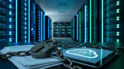 A close-up shot of a rusty padlock and heavy metal chain draped over a stack of white financial documents and a black tablet. The tablet screen displays a glowing white cloud icon. In the blurred background, rows of server racks with vibrant blue and green lights extend into a data center aisle.