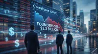 Three men in suits stand with their backs to the viewer, gazing at a large, illuminated digital stock display in a modern city. The screen prominently shows 'CoreWeave (CRWV)' and 'FOUNDERS SELL $3.3 BILLION' over a declining stock graph with blue and red lines. Another screen to the left displays various stock data, many figures in red indicating losses. Glowing dollar signs and directional arrows flow digitally from the screens, emphasizing financial activity. The background features blurred city buildings under a muted sky, with the foreground showing a wet, reflective street surface.