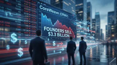 Three men in suits stand with their backs to the viewer, gazing at a large, illuminated digital stock display in a modern city. The screen prominently shows 'CoreWeave (CRWV)' and 'FOUNDERS SELL $3.3 BILLION' over a declining stock graph with blue and red lines. Another screen to the left displays various stock data, many figures in red indicating losses. Glowing dollar signs and directional arrows flow digitally from the screens, emphasizing financial activity. The background features blurred city buildings under a muted sky, with the foreground showing a wet, reflective street surface.