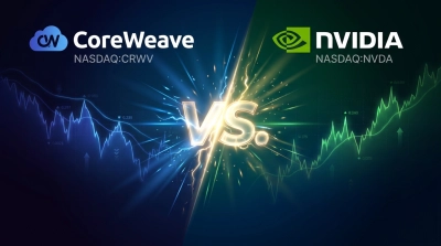 A split digital image with a glowing 'VS.' symbol at the center, surrounded by lightning. The left side, on a dark blue background, features the CoreWeave logo, company name, and 'NASDAQ:CRWV' above a blue stock market chart showing a downward trend. The right side, on a dark green background, displays the NVIDIA logo, company name, and 'NASDAQ:NVDA' above a green stock market chart indicating an upward trend.