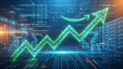 A vibrant, glowing green line graph ascends sharply from left to right, superimposed over a digital circuit board background. Above the graph is a glowing green Amazon smile logo. In the background, translucent blue outlines of robotic arms are visible on the left, and server racks are on the right, all within a futuristic blue and green digital environment.