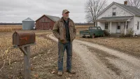 A wide shot on an overcast day shows an older man in a brown jacket and baseball cap standing on a gravel driveway, looking right. To his left, a rusted metal mailbox sits on a wooden post. Behind him, a white farmhouse with a porch and a green vintage pickup truck are visible. In the background, a red barn, a silver grain silo, and harvested corn fields extend under a gray sky.