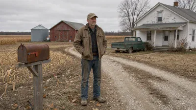 A wide shot on an overcast day shows an older man in a brown jacket and baseball cap standing on a gravel driveway, looking right. To his left, a rusted metal mailbox sits on a wooden post. Behind him, a white farmhouse with a porch and a green vintage pickup truck are visible. In the background, a red barn, a silver grain silo, and harvested corn fields extend under a gray sky.