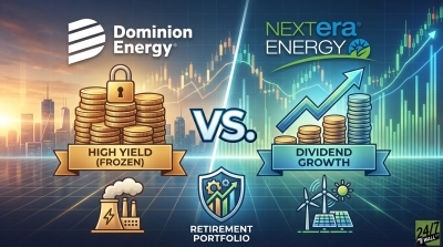 A graphic split into two halves for comparison. On the left, representing Dominion Energy, are stacks of gold coins topped with a padlock, labeled 'HIGH YIELD (FROZEN),' and an icon of a power plant, against a city skyline at sunset. On the right, representing NextEra Energy, are growing stacks of coins with an upward trending arrow, labeled 'DIVIDEND GROWTH,' and icons of wind turbines and solar panels, against a green stock chart. A large 'VS.' separates the two, and a shield icon labeled 'RETIREMENT PORTFOLIO' is centered at the bottom.