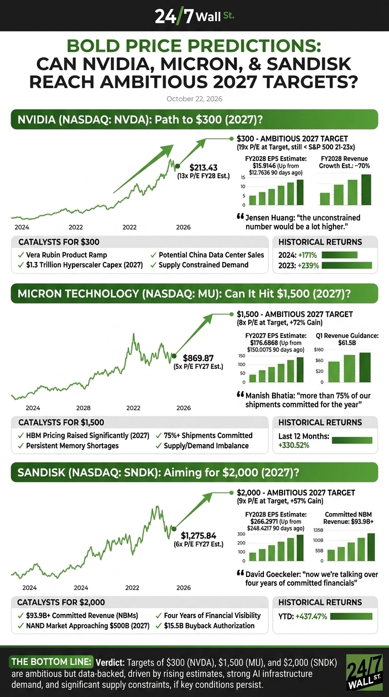 An infographic titled 'BOLD PRICE PREDICTIONS: CAN NVIDIA, MICRON, & SANDISK REACH AMBITIOUS 2027 TARGETS?' dated October 22, 2026. It presents three vertical sections, one for NVIDIA (NVDA), Micron Technology (MU), and SanDisk (SNDK). Each section displays a line graph from 2024 to 2026 showing stock price trends, highlighting current estimated prices ($213.43 for NVDA, $869.87 for MU, $1,275.84 for SNDK), and ambitious 2027 targets ($300 for NVDA, $1,500 for MU, $2,000 for SNDK). Alongside, bar charts present financial estimates like FY2028 EPS ($15.9146 for NVDA, $266.2971 for SNDK) or FY2027 EPS ($176.6868 for MU), revenue growth (70% for NVDA), Q1 Revenue Guidance ($61.5B for MU), and Committed NBM Revenue ($93.9B+ for SNDK). Bulleted lists detail catalysts for each target, and historical returns are provided (e.g., NVDA 2024: +171%, MU Last 12 Months: +330.52%, SNDK YTD: +437.47%). Quotes from company executives are also included. The bottom line summarizes the verdict on these ambitious, data-backed targets. The overall design uses green accents on a white background.