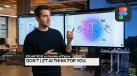 A man, Dylan Field, wearing a dark blue sweater, stands in an office, pointing at a large monitor displaying a design interface with a diagram of a brain and hands. Overlays show 'DYLAN FIELD, co-founder of Figma', 'DON'T LET AI THINK FOR YOU.', and financial data for NYSE: FIG indicating '$22.91 -38.69% YTD' with a red declining graph. A Figma logo and '24/7 WALL ST' logo are also visible.
