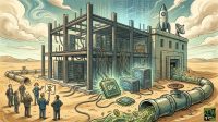 A stylized illustration showing a partially built data center with a glowing GPU chip and a pipe pouring gold coins into the sand as businessmen look on.