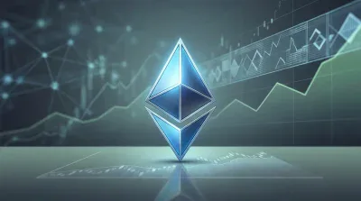 A prominent, glowing blue and silver 3D Ethereum logo stands vertically on a reflective dark surface. In the blurred background, green line graphs, abstract waveform charts, and a web of interconnected glowing dots symbolize financial data and a digital network.