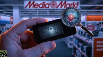 A close-up shows a hand holding a black hardware wallet with a white, cracked padlock icon on its screen, surrounded by a circuit board pattern. A magnifying glass hovers above, revealing a detailed red-glowing microchip on a circuit board. The blurred background features the interior of an electronics store with the red 'MediaMarkt' logo visible.