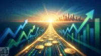 A vibrant digital illustration shows a luminous golden path paved with glowing Bitcoin coins, extending towards a bright, golden sunrise and a distant city skyline. On either side of the path, dynamic blue and green upward-trending arrows and bar graphs signify market growth, with streams of binary code flowing underneath the golden path.