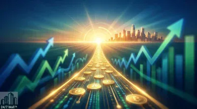 A vibrant digital illustration shows a luminous golden path paved with glowing Bitcoin coins, extending towards a bright, golden sunrise and a distant city skyline. On either side of the path, dynamic blue and green upward-trending arrows and bar graphs signify market growth, with streams of binary code flowing underneath the golden path.