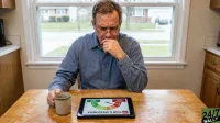 A middle-aged man with short brown hair and glasses, wearing a blue button-up shirt, sits at a distressed wooden table. He is looking down intently at a black tablet, his hand near his chin in a pensive gesture. The tablet displays the CNN Fear & Greed Index, which clearly shows a reading of '25' and a gauge needle pointing into the 'Extreme Fear' section, highlighted in red. To his left, on the table, is a beige ceramic mug. A large window behind him reveals a suburban street and houses, and a kitchen counter is visible to his right.