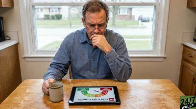 A middle-aged man with short brown hair and glasses, wearing a blue button-up shirt, sits at a distressed wooden table. He is looking down intently at a black tablet, his hand near his chin in a pensive gesture. The tablet displays the CNN Fear & Greed Index, which clearly shows a reading of '25' and a gauge needle pointing into the 'Extreme Fear' section, highlighted in red. To his left, on the table, is a beige ceramic mug. A large window behind him reveals a suburban street and houses, and a kitchen counter is visible to his right.
