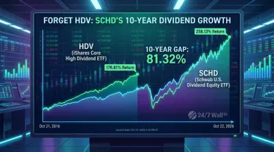 A large, glowing digital screen in a dark, futuristic trading room displays a line graph comparing the 10-year dividend growth of two ETFs, HDV (light blue) and SCHD (bright green). The graph, titled 'FORGET HDV: SCHD'S 10-YEAR DIVIDEND GROWTH,' shows SCHD's green line rising significantly higher than HDV's blue line, indicating SCHD's 258.13% return versus HDV's 176.81%. A prominent text box highlights a '10-YEAR GAP: 81.32%'. The screen also shows 'Oct 21, 2016' and 'Oct 22, 2026' marking the timeline, with other smaller data screens and a '24/7 Wall St.' logo visible in the background, all rendered in cool blue and green neon tones.