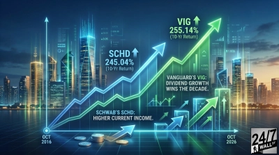 A futuristic financial infographic with a cityscape background at dusk. Two glowing upward-trending lines, one green (VIG) and one blue (SCHD), represent investment growth from October 2016 to October 2026. The green line shows VIG with a 255.14% 10-year return and the text 'VANGUARD'S VIG: DIVIDEND GROWTH WINS THE DECADE.' The blue line shows SCHD with a 245.04% 10-year return and the text 'SCHWAB'S SCHD: HIGHER CURRENT INCOME.' Stacks of coins are at the base, transforming into glowing bar charts with upward arrows. The '24/7 WALL ST' logo is in the bottom right corner.