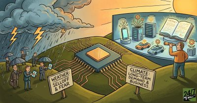 A conceptual illustration showing investors in a storm on the left and a man looking at a sunny tech-filled future on the right, separated by a computer chip.