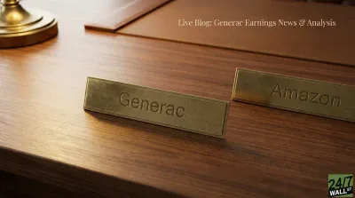 A close-up shot of a wooden desk with two brass nameplates. The left nameplate is engraved with 'Generac' and the right with 'Amazon.' A golden lamp base and a brown leather desk blotter are partially visible in the background. In the upper right corner, text reads 'Live Blog: Generac Earnings News & Analysis,' and the '24/7 WALL ST' logo is in the bottom right.