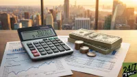 A close-up shot of a calculator displaying the numbers $50.92 and $1,000,000, resting on financial documents featuring bar charts, line graphs, and dividend statements. Adjacent to the calculator are substantial stacks of US hundred-dollar bills and several smaller stacks of US coins. In the blurred background, a warm, golden-hour cityscape with numerous tall buildings is visible through a large window.