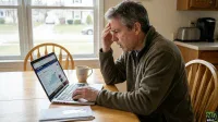 A middle-aged man with graying hair sits at a wooden table, looking stressed as he stares intently at a laptop displaying financial charts. His right hand is pressed to his forehead, and his left hand rests on the laptop keyboard. A beige coffee mug and several white envelopes are also on the table. A window showing a residential street is visible in the background.