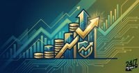 Abstract financial illustration showing stacks of gold coins and green growth charts with a large upward-pointing gold arrow on a digital circuit background.