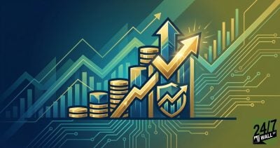 Abstract financial illustration showing stacks of gold coins and green growth charts with a large upward-pointing gold arrow on a digital circuit background.