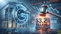 A digital illustration showing a large wooden gavel with a metal band striking a glowing, cracked black block inscribed '$3.2 BILLION AD-TECH DAMAGES CLAIM TRIPLE AT TRIAL'. To the left, a stylized building with neoclassical columns features a large, bright blue, interconnected network 'G' symbol. The background is a dark digital landscape filled with binary code, abstract glowing lines, and stock market information displaying 'GOOGL' and 'ALPHABET' with a downward trending graph. Scattered 'AD' blocks are also visible in the mid-ground, and the overall mood is serious and impactful.
