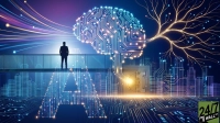 A dark blue and purple-hued graphic showcasing a stylized digital brain made of glowing circuit lines. This brain is connected to a luminous bank vault door and extends into branching, tree-like light patterns. A silhouette of a businessman stands on a bridge overlooking the scene, while below him, the letters 'AI' are formed by glowing circuit patterns, with a digital city skyline in the background. Glowing data streams flow across the top left of the image.