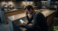 The high-angle perspective creates a sense of vulnerability and being 'trapped' by numbers, highlighting the psychological toll of lifestyle inflation for high earners.