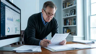 A focused middle-aged man with glasses, wearing a dark gray sweater over a blue shirt, leans over a wooden desk, intently reviewing papers he holds in one hand, with a pen poised in the other over an open binder. To his left, a computer monitor displays a 'Financial Dashboard' with various charts and graphs. In the softly lit background, a white bookshelf filled with books and a window are visible.