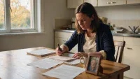 A woman with shoulder-length brown hair, wearing a navy cardigan over a cream top, sits at a wooden kitchen table, intently writing on a document with a black pen. Numerous white papers are spread across the table. To her right, a light brown ceramic mug and a wooden framed photo of an older man with a gentle smile are placed. The background shows a cream-colored kitchen with a sink and a window looking out onto soft autumn foliage.