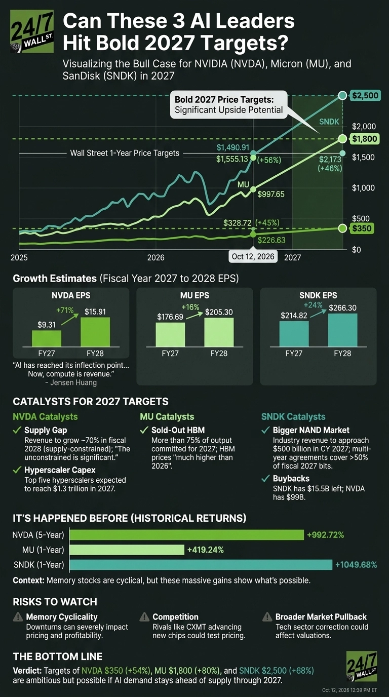 An infographic titled 'Can These 3 AI Leaders Hit Bold 2027 Targets?' visualizes the bull case for NVIDIA (NVDA), Micron (MU), and SanDisk (SNDK) in 2027. It features a line chart tracking stock price trends from 2025 to 2027 for NVDA, MU, and SNDK. Key points shown include NVDA at $226.63 (Oct 12, 2026) and $328.72 (+45%), MU at $997.65 (Oct 12, 2026), and SNDK at $2,173 (+46%) (Oct 12, 2026). The chart also indicates Wall Street 1-Year Price Targets of $1,490.91 (MU) and $1,555.13 (SNDK), culminating in 'Bold 2027 Price Targets' of $350 for NVDA, $1,800 for MU, and $2,500 for SNDK. Below, three bar charts display EPS growth estimates for FY27 and FY28 for each company: NVDA from $9.31 to $15.91 (+71%), MU from $176.69 to $205.30 (+16%), and SNDK from $214.82 to $266.30 (+24%). The infographic further lists catalysts for each company (e.g., Supply Gap, Hyperscaler Capex for NVDA; Sold-Out HBM for MU; Bigger NAND Market, Buybacks for SNDK), historical returns with a bar chart showing NVDA (5-Year) +992.72%, MU (1-Year) +419.24%, and SNDK (1-Year) +1049.68% gains, and risks to watch, including Memory Cyclicality, Competition, and Broader Market Pullback. The bottom line verdict states that targets of NVDA $350 (+54%), MU $1,800 (+80%), and SNDK $2,500 (+68%) are ambitious but possible.