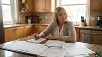 A thoughtful senior woman with blonde hair sits at a granite kitchen island, holding a pen and writing in a notebook. Various financial documents, including one labeled 'SOCIAL SECURITY BENEFITS,' and a large December calendar are spread across the counter. The woman wears a white shirt and a light brown cardigan, looking off to the side with a pensive expression. The background shows a bright kitchen with wooden cabinets, a window, and kitchen appliances.