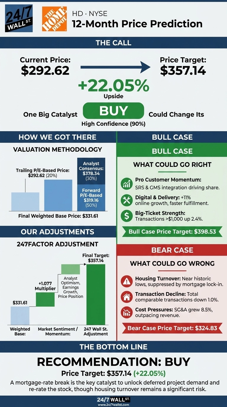 An infographic titled 'HD • NYSE 12-Month Price Prediction' by 24/7 Wall St. The call section shows a current price of $292.62, a price target of $357.14, and a +22.05% upside with a 'BUY' recommendation and 90% confidence. The valuation methodology shows a final weighted base price of $331.61, derived from Trailing P/E-Based Price ($292.62, 20%), Forward P/E-Based Price ($319.16, 50%), and Analyst Consensus ($378.34, 30%). Adjustments include a +1.077 Multiplier for Market Sentiment / Momentum, leading to the Final Target of $357.14. The bull case highlights Pro Customer Momentum, Digital & Delivery (+11% online growth), and Big-Ticket Strength (transactions > $1,000 up 2.4%), with a Bull Case Price Target of $398.53. The bear case lists Housing Turnover, Transaction Decline (down 1.0%), and Cost Pressures (SG&A grew 8.5%), with a Bear Case Price Target of $324.83. The bottom line reiterates a BUY recommendation with a $357.14 price target.