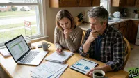 A concerned man and woman sit at a wooden kitchen table reviewing financial documents. The woman writes on papers while the man looks at a tablet displaying blue bar charts and a house icon. A silver laptop shows a spreadsheet with financial figures and 'Net Worth' text. Outside the window, a red 'FOR SALE' sign is visible. Coffee mugs and a glass jar are also on the table.