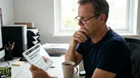 A man wearing glasses and a dark blue t-shirt sits at a white desk, holding a white tablet. He looks intently at the tablet screen, which displays a news article titled 'Hong Kong Proposes Crypto Broker Licenses'. His left hand is resting contemplatively under his chin. A light brown coffee mug sits on the desk next to the tablet. In the background, a window provides natural light, and office binders and supplies are visible.