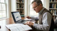 A focused older man with glasses, dressed in a brown vest over a light-colored checkered shirt, sits at a wooden desk. He holds a pen and looks intently at an open laptop displaying financial charts and data, while several printed financial reports are spread out in front of him. In the background, a window provides natural light, and a bookshelf filled with books is visible.