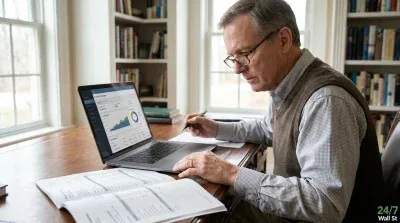 A focused older man with glasses, dressed in a brown vest over a light-colored checkered shirt, sits at a wooden desk. He holds a pen and looks intently at an open laptop displaying financial charts and data, while several printed financial reports are spread out in front of him. In the background, a window provides natural light, and a bookshelf filled with books is visible.