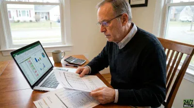 A senior man with glasses and a black sweater sits at a wooden table, holding and reading financial papers. To his left, an open laptop displays an Excel spreadsheet with green, white, and red cells, along with various bar and pie charts. A beige coffee mug, a calculator, and a pen are also on the table. In the background, a large window shows a blurred view of a suburban neighborhood with houses.