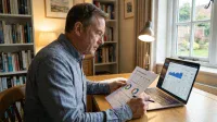 A middle-aged man with short brown hair, wearing a light blue button-down shirt, sits at a wooden desk. He holds a 'Portfolio Statement' paper in his left hand and a black pen in his right, pointing at the document, while simultaneously looking at financial charts and data displayed on a silver laptop. Behind him, a white bookshelf filled with books and a window overlooking a green garden are visible, alongside a table lamp.