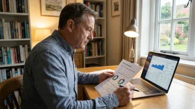 A middle-aged man with short brown hair, wearing a light blue button-down shirt, sits at a wooden desk. He holds a 'Portfolio Statement' paper in his left hand and a black pen in his right, pointing at the document, while simultaneously looking at financial charts and data displayed on a silver laptop. Behind him, a white bookshelf filled with books and a window overlooking a green garden are visible, alongside a table lamp.
