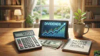 A desk in a bright home office features a calculator displaying $835.67, a tablet showing an upward-trending 'DIVIDENDS' chart, a stack of U.S. dollar bills, a coffee mug with a green plant growing from it, and a spiral notebook titled 'PASSIVE INCOME GOALS'. A bookshelf and a sunny window looking onto a garden are in the background.