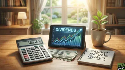 A desk in a bright home office features a calculator displaying $835.67, a tablet showing an upward-trending 'DIVIDENDS' chart, a stack of U.S. dollar bills, a coffee mug with a green plant growing from it, and a spiral notebook titled 'PASSIVE INCOME GOALS'. A bookshelf and a sunny window looking onto a garden are in the background.