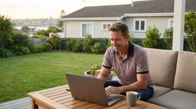 A middle-aged man with short brown hair, wearing a mauve polo shirt and blue jeans, sits smiling faintly while typing on a silver laptop on a wooden slatted outdoor table. A gray coffee mug rests near the laptop. He is seated on a light beige outdoor sofa. In the background, a lush green lawn, various garden plants, a light-colored house, and a blurred cityscape or coastline are visible under a bright sky.