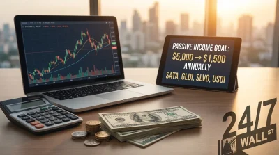 A light wooden desk displays a silver laptop with a dark stock market chart showing green and red candlesticks. Next to it, a black tablet screen shows the text 'PASSIVE INCOME GOAL: $5,000 -> $1,500 ANNUALLY' and below it 'SATA, GLDI, SLVO, USOI'. A black calculator, stacks of US hundred-dollar bills, and piles of gold and silver coins are also on the desk. A '24/7 WALL ST' logo is visible in the bottom right corner, and a blurred city skyline at sunset or sunrise is in the background.