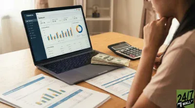 A person in a light-colored top sits at a wooden desk, focused on a laptop displaying a 'FINANCIAL' dashboard with various charts, graphs, and monetary figures. A stack of hundred-dollar bills rests on the laptop keyboard, next to a black calculator. Several printed financial reports with additional charts and tables are spread across the desk. The person's right hand is near their chin in a thoughtful pose.