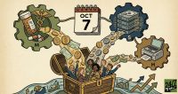 An illustration of three industry gears pouring cash and checks into a treasure chest of cheering people, centered around a calendar marked October 7.