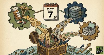 An illustration of three industry gears pouring cash and checks into a treasure chest of cheering people, centered around a calendar marked October 7.