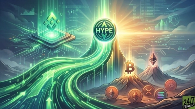 An illustrative digital artwork depicting a futuristic landscape. Glowing green data streams emanate from a Binance logo on a circuit board-like platform on the left, converging towards a central circular emblem that reads 'HYPE'. On the right, cryptocurrency symbols for Bitcoin, Ethereum, Ripple, Solana, and Cardano emerge from stylized mountains, each glowing with light. The background features abstract digital charts and circuitry patterns under a bright, dynamic sky, conveying a sense of energy and connectivity.