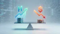 A metallic balance scale is centrally positioned. On the left side, a stack of shiny silver coins, illuminated with a blue glow, supports a large, neon blue 'H' symbol and an upward-pointing arrow. The background shows blurred financial tickers. On the right side, a stack of cracked, reddish-bronze coins, glowing orange, supports a large, neon orange dollar sign ($) and a downward-pointing arrow. The background features a blurred electronic circuit board pattern. The left side of the scale is slightly lower than the right, suggesting more weight or positive momentum.